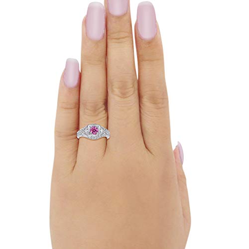 Blue Apple Co. Art Deco Ring Round Cubic Zirconia Leaf Filigree Design Split Shank Twisted Band Bridal Statement Wedding Engagement Rings For Women 925 Sterling Silver Gifts For Her - color: Simulated Pink CZ