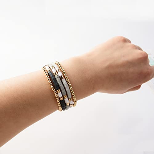 GOOJIDS Surfer Heishi Clay Bead Bracelets for Women Bohemian Stackable Gold Plated Beaded Stretch Bracelets Elastic Layering Friendship Bracelets Set Boho Jewelry - color: B-Grey Surfer Color &Gold Bead