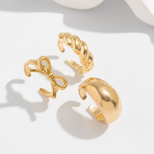 Chunky Gold Rings for Women Non Tarnish Silver Chunky Rings Set Adjustable Thick Statement Ring Gold Stackable Ring for Women Trendy Fashion Silver Jewelry - style: Style7-Gold Bow