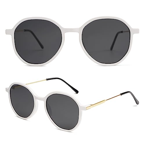 SOJOS Trendy Designer Hexagon Round Sunglasses for Women Fashion Big Shades Geometric Women Sunglasses SJ2181 - color: White