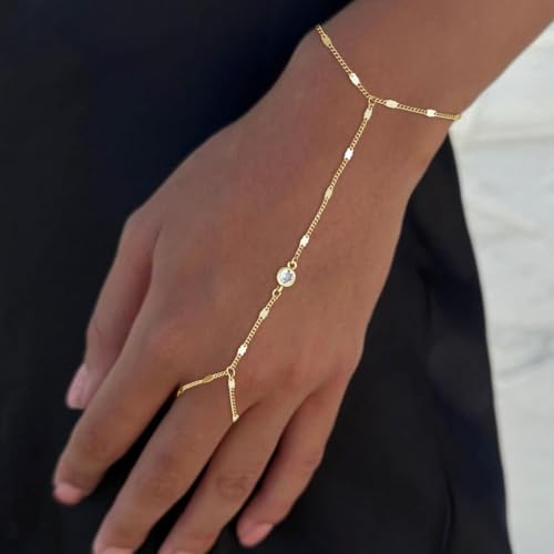 Gold Bracelets for Women Trendy, Dainty Gold Hand Chain Bracelets Stackable 14k Gold Plated Finger Ring Bracelet Hand Chain Cz Flower Layered Link Bracelets for Women Non Tarnish Jewelry Gifts - style: spark cz hand chain bracelet-gold