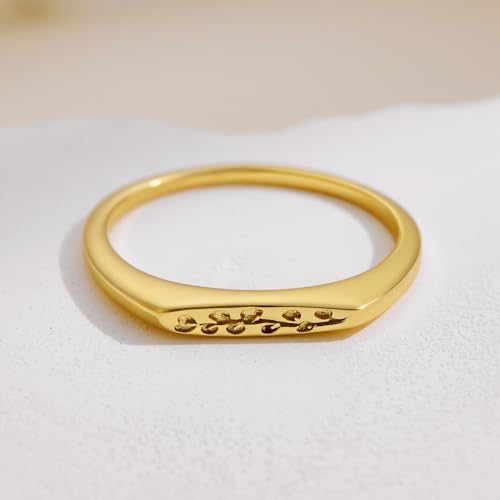 YeGieonr 14K Gold Plated Signet Rings for Women Non Tarnish 925 Sterling Silver Dainty Stackable Gold Ring, Waterproof Engraved Flower Thin Band Unique Everyday Jewelry Gift - color: Yellew Gold-Eucalyptus Signet Ring