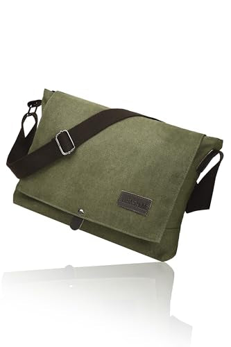 Cota's home Mens Canvas Messenger Bag, Satchel Bag for Men, Fits 14" Laptop, Compact Work Bag for Office & Travel - color: Light Olive