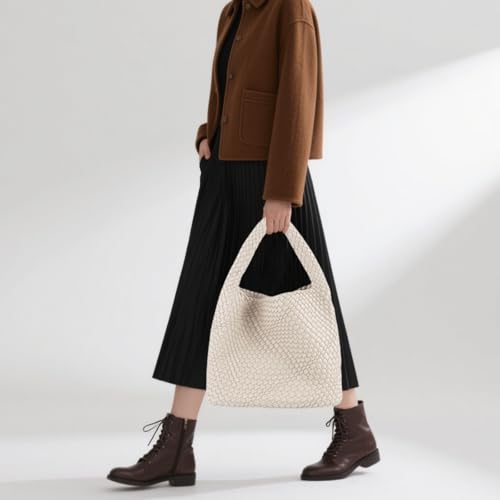 Woven Tote Bag For Women, Large Vegan Leather Travel Handbag, Casual Work Shoulder Bag, Underarm Commuter Hobo Bag With Purse - color: Beige
