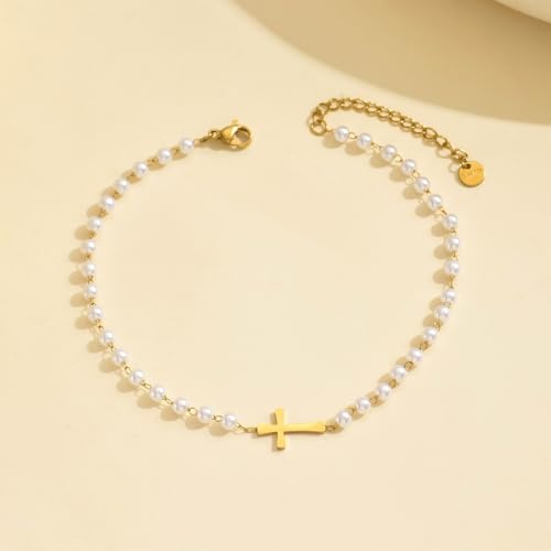 Cross Anklets for Women, 18K Gold Plated Dainty Ankle Bracelets with Colorful Beads Pearl Anklet, Adjustable Religious Christian Satellite Cross Chain, Waterproof Boho Summer Beach Jewelry - style: Multi Pearls Cross-Gold
