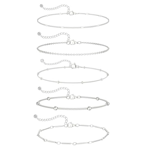 Silver/Gold Anklets for Women, Sterling Silver Evil Eye Ankle Bracelets for Women Trendy Dainty Waterproof Anklets Set Adjustable Layered Anklet Bracelets for Women Silver Jewelry Gift - style: 5Pairs Anklets-Silver