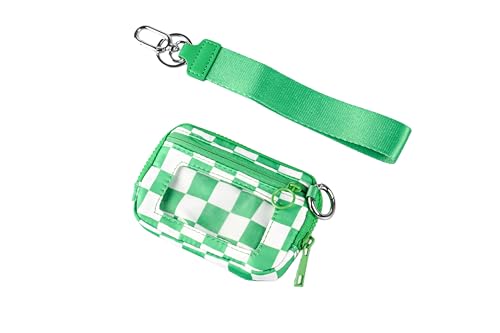 Wristlet Wallet for Women Mini Zip Card Case with Clear ID Window Zipper Coin Purse Lightweight Portable Keychain Wallet - color: Green Lattice