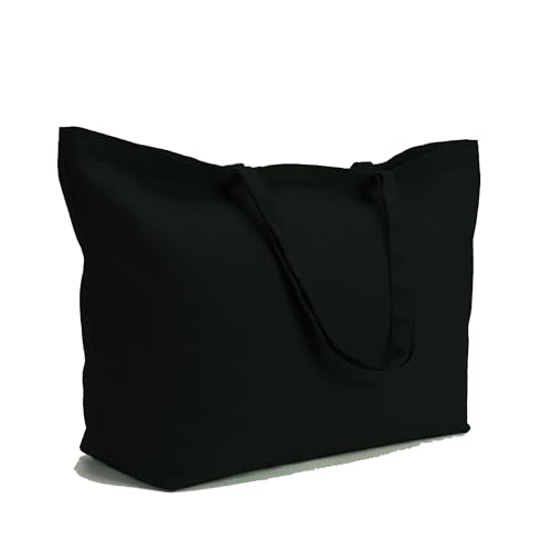 Large Canvas Tote Bag-Extra Big Shopping Beach Totes Bags Reusable Largest Grocery Plain Solid Bag 28"x8"x16" - color: Black With Zipper