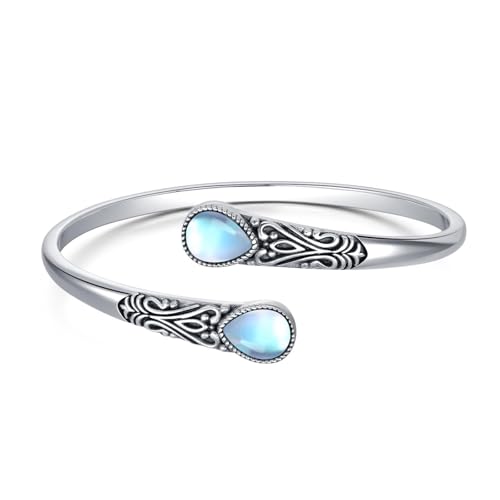 925 Sterling Silver Genuine Gemstone Bracelet for Women Men Handmade Adjustable Boho Navajo Style Bangle Cuff Natural Stone Jewelry Gift - color: Moonstone