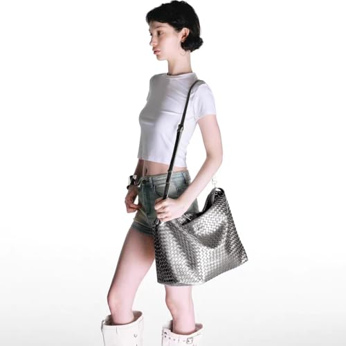 JINMANXUE Women Boston Bag, Woven Hobo Tote Handbag and Purses, Female Satchel Messenger Bags, Fashion Shoulder Crossbody Bag - color: Antique Silver