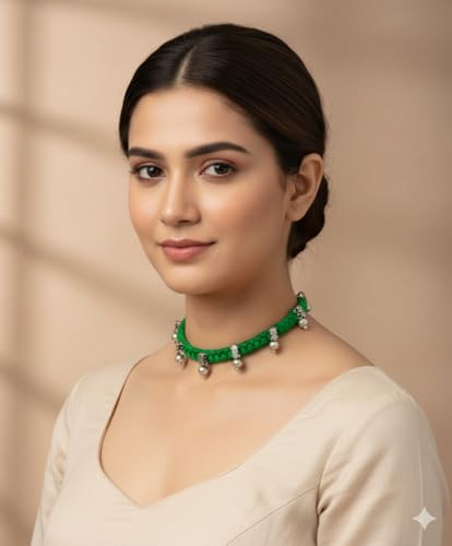 athizay Boho Charm Thread Choker Necklace – Braided Bohemian Choker with Oxidized Silver Dangle Charms | Handmade Boho Jewelry for Women - color: Green, silver