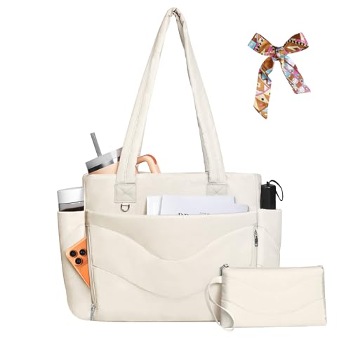YFWE Puffer Tote Bag for women, Lightweight Tote Bag with Compartments for Work, Travel, School, Gym & Nurses - color: Cream