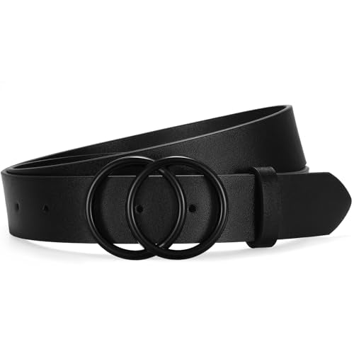 SANSTHS Womens Leather Belt for Jeans Pants Fashion Waist Belts Gold Silver Double Ring Buckle - color: Black-black Buckle, size: Fits Waist 25-29 inch