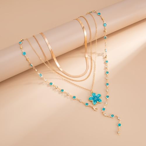 Gold Flower Y Chain Necklace for Women Layered Flower Pendant Choker Long Rhinestone Chain Necklace Party Prom Jewelry - color: Blue