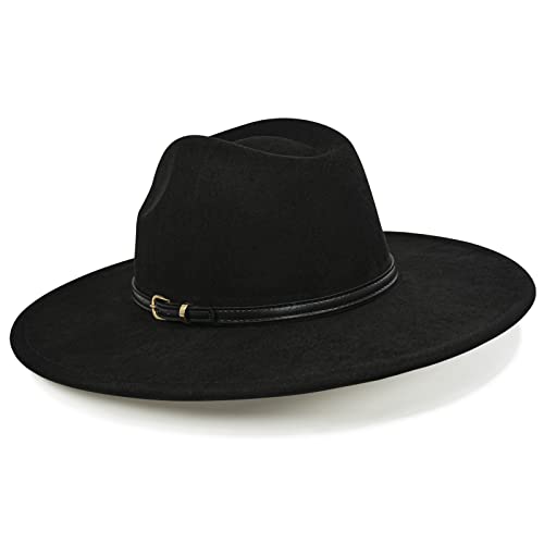 FLUFFY SENSE. Big Wide Brim Fedora Hat for Women - Nashville Outfits Western Hats Women's Felt Panama Rancher Hat - color: Vintage Black