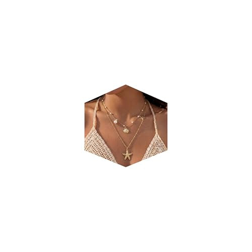 Shell Starfish Necklace for Women, Gold Plated Boho Layered Pendant Necklace with Pearl Conch Charm, Dainty Coastal Summer Beach Vacation Jewelry Gifts - style: Shell&Starfish 2Pcs