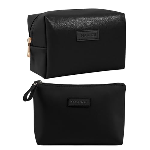 MAANGE Cosmetic Bags for Women Small Makeup Bag for Purse Pu Leather Makeup Pouch Travel Makeup Bag with Zipper Make Up Bag for Travelling - color: 2PCS Black