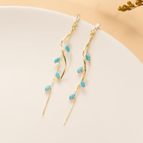 Temperament Long Zircon Tassel Earrings for Women Charm Jewelry Sparkling Crystal Leaves Twist Dangle Earrings for Friends - color: Gold-Bule Leaves