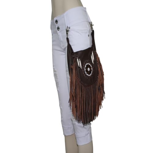 Women’s Genuine Leather Crossbody Belt Bag with Fur Fringe, Braided Bead Handcrafted Design, Clip-On Hip Fanny Pack with Jeans Loop, (J2400LB, Brown) - color: J2400LB-Brown