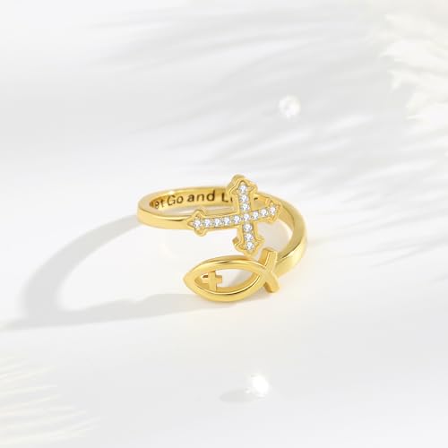 Vito 925 Sterling Silver Adjustable Open Spoon Ring for Women Men, Lotus Sunflower Snake Spoon Band Rings Feather Hug Witches Knot Inspirational Jewelry Gift for Wife - style: Jesus Fish-Golden
