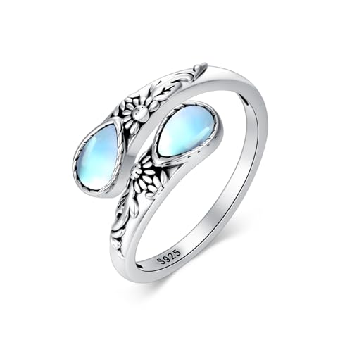 Moonstone Ring for Women 925 Sterling Silver Adjustable Open Ring Boho Statement Jewelry Gift for Her - style: Vintage Floral Open Ring