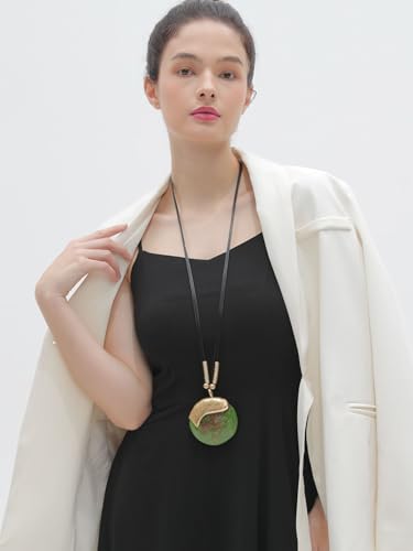 Bohemian Women's Leather Long Pendant Necklace Sweater necklace Adjustable Retro Woven Handmade Jewelry - color: Green stone