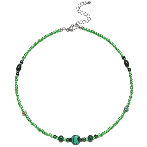 Beaded Necklaces for Women Summer Beach Beaded Necklace Bead Choker Boho Necklaces for Women Handmade Summer Jewelry Stainless Steel 18K Gold Plated - color: Green