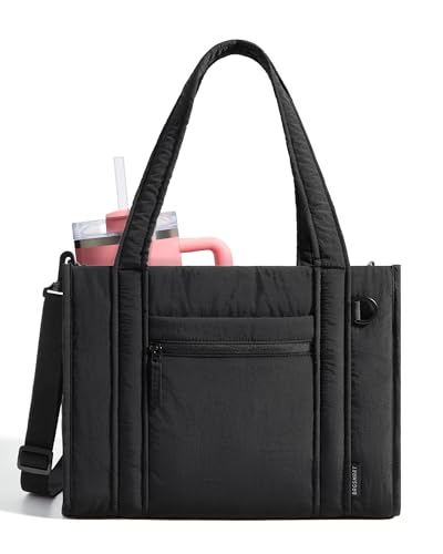 BAGSMART Boxy Tote Bag for Women, Crossbody Bag with Zipper, Crush Bow Purses for Travel Work College - color: Jet Black, size: Large