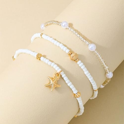 Gold Starfish Anklets for Women Seashell Ankle Bracelet Boho Stack Stretch Beaded Anklet Set Summer Beach Jewelry - style: A Style