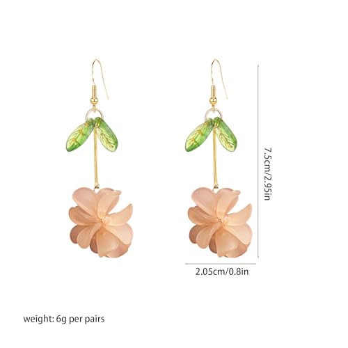 Resin Flower Cluster Ball Dangle Drop Earrings for Women Spring Summer Bohemian Floral Petal with Green Leaf Earrings Vacation Party Jewelry - color: Light Orange