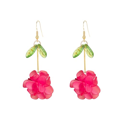 Resin Flower Cluster Ball Dangle Drop Earrings for Women Spring Summer Bohemian Floral Petal with Green Leaf Earrings Vacation Party Jewelry - color: Hot Pink
