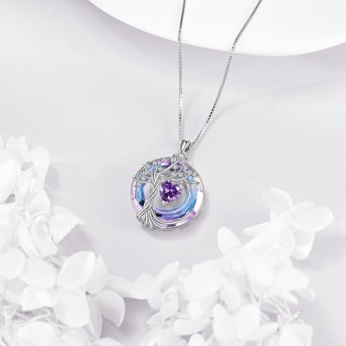 POPLYKE Mothers Day Gifts for Mom Her Wife Tree of Life Necklace 925 Sterling Silver Birthstone Pendant with Crystal Anniversary Birthday Wedding Jewelry for Women - color: 02-Feb-Amethyst, style: White Gold Plated-Amethyst Crystal