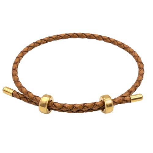 18K Gold Plated Stainless Steel Braided Leather Bracelet for Women - Adjustable Genuine Cowhide Woven Cord Wristband - Boho Minimalist Friendship Jewelry Gift - color: Brown