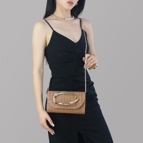Straw Clutch Purses for Women,Summer Beach Bag,Woven Evening Handbags with Chain,Trendy Metal Handle Purses 2026 - color: Brown