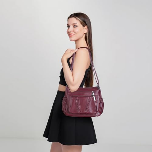 ELDA Crossbody Bags For Women Pocketbooks Soft PU Leather Purses and Handbags Multi Pocket Shoulder Bag - color: Dark Red