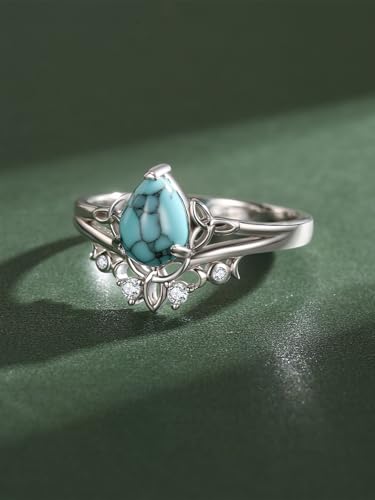 Genuine Turquoise Ring 925 Sterling Silver Celtic Knot/Feather Ring Western Boho Jewelry Native American Gifts for Women7# 8# 9#