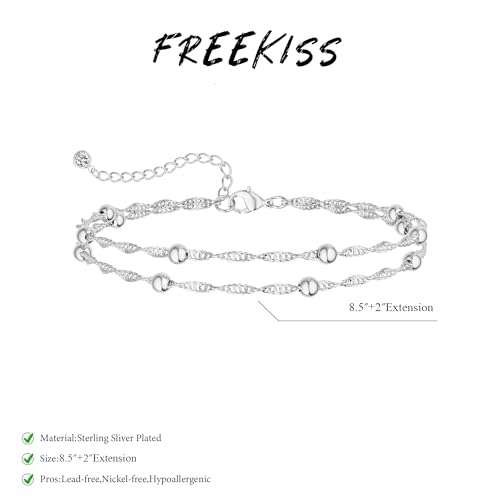 Freekiss Sterling Silver Ankle Bracelets for Women: Dainty Layered Waterproof Anklet for Women Adjustable Womens Anklet Set Stackable Figaro Beaded Cuban Link Anklets Beach Jewelry for Women - color: Single Lobster Layered Bead-SL