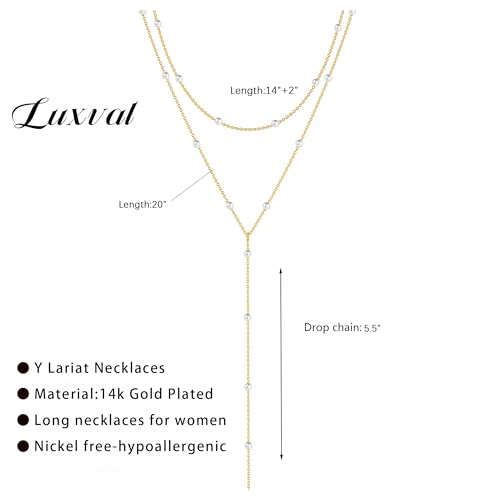 Luxval Lariat Silver Necklace for Women, Dainty Long Necklace Silver Y-Shaped Pendant Necklaces Trendy Beaded Chain Drop Necklaces Jewelry for Women Gifts - color: Gold-Y Pearl Necklace