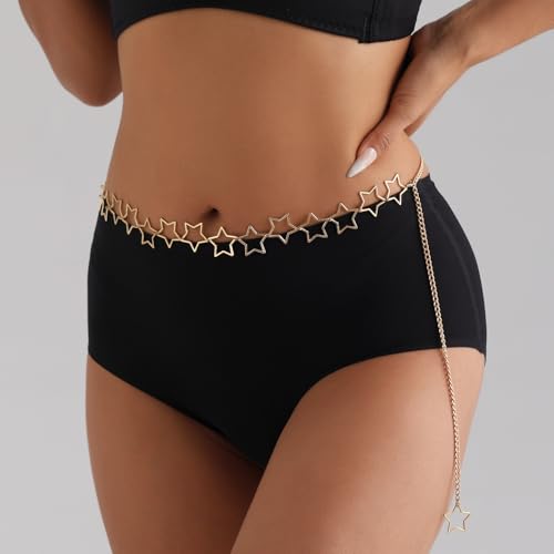Gold Star Waist Chain Belt for Women Boho Sun Starfish Bikini Jewelry Festival Rave Outfits Waterproof Belly Body Chain - style: Stars