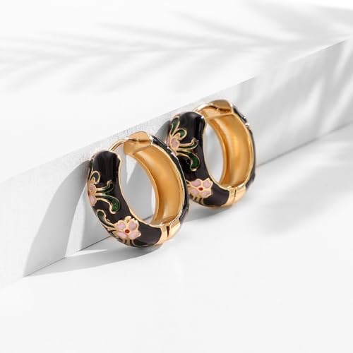 Vintage Enamel Flower Small Hoop Earrings Retro Elegant Flowers Earrings Colorful Flower Hoop Earring - color: Black