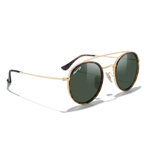 MERRY'S Retro Round Polarized Sunglasses - Unisex Double Bridge Sun Glasses - color: Leopard Frame/Gold Bridge/G15 Lens