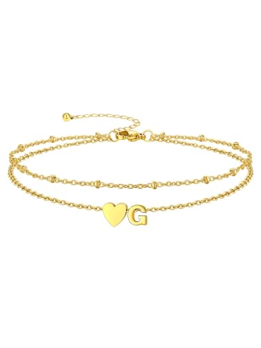 Silvora Ankle Bracelets for Women Waterproof 14K Gold/Silver/Black Initial Anklet for Women Dainty Layered Heart Ankle Bracelets Stainless Steel Adjustable Foot Chain Anklet Summer Beach Jewelry - color: Gold-14K Gold Plated, size: 07.G