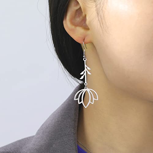 TEAMER Stainless Steel Lotus Flower Dangle Earrings Bohemian Drop Earring Unique Geometric Jewelry for Women - color: Lotus 1-Steel Color