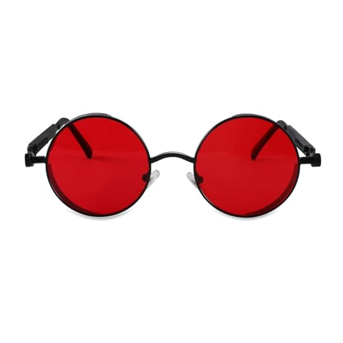 FEISEDY Retro Gothic Steampunk Sunglasses Round Metal Frame Punk Circle Inspired Shade Men B1857 - color: Black/Red