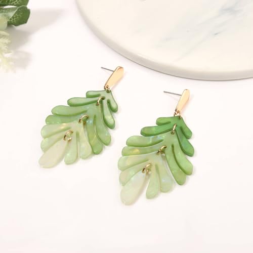 ARATLENCH Acrylic Pendant necklace Earrings – Long Statement Leaf Charm Necklace Tortoise Resin Palm Leaf Earrings Fashion Necklaces Earrings for Women - color: green A