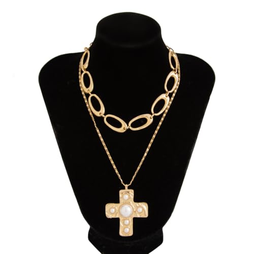 Chunky Necklace Stack Big Statement Necklace for Women Layered Large Oval Circle Cross Necklaces Stackable Boho Necklaces for Women Chunky Jewelry - style: B - cross