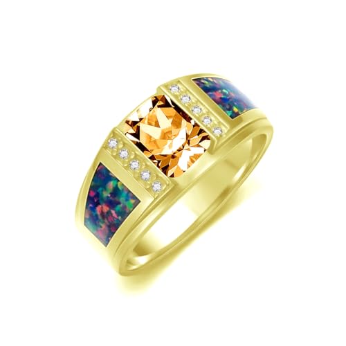 2CT Gemstone Wedding Ring for Men S925 Sterling Silver Gold Plated Opal Engagement Ring Vintage Retro Jewelry for Men Husband Anniversary Free Engraved Size 4 to 16 - style: Citrine