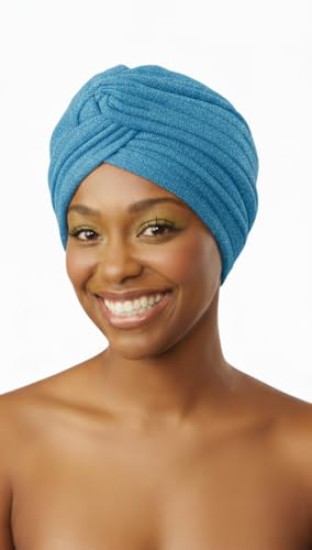 DONNA Glitter Turban – Full Size Stretch Headwrap with Elastic Hold – Sparkly Fashion Turban for Women’s Hair Protection - color: Sky Blue
