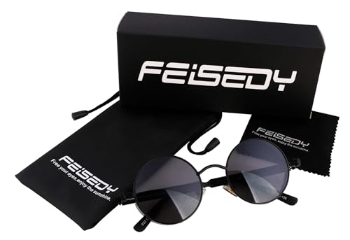 FEISEDY Retro Gothic Steampunk Sunglasses Round Metal Frame Punk Circle Inspired Shade Men B1857 - color: Black/Grey