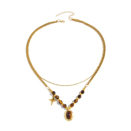 Tiger Eye Necklace for Women Vintage Gold Tiger Eye Brown Stone Pendant Layered Stack Beaded Necklace Elegant Vintage Boho Jewelry - style: SetA
